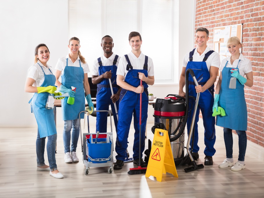 The cleaning team with their equipment, ready to work